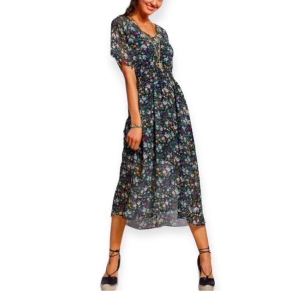 Cabi fiesta floral midi dress green with floral print women’s size medium lined - Picture 2 of 8